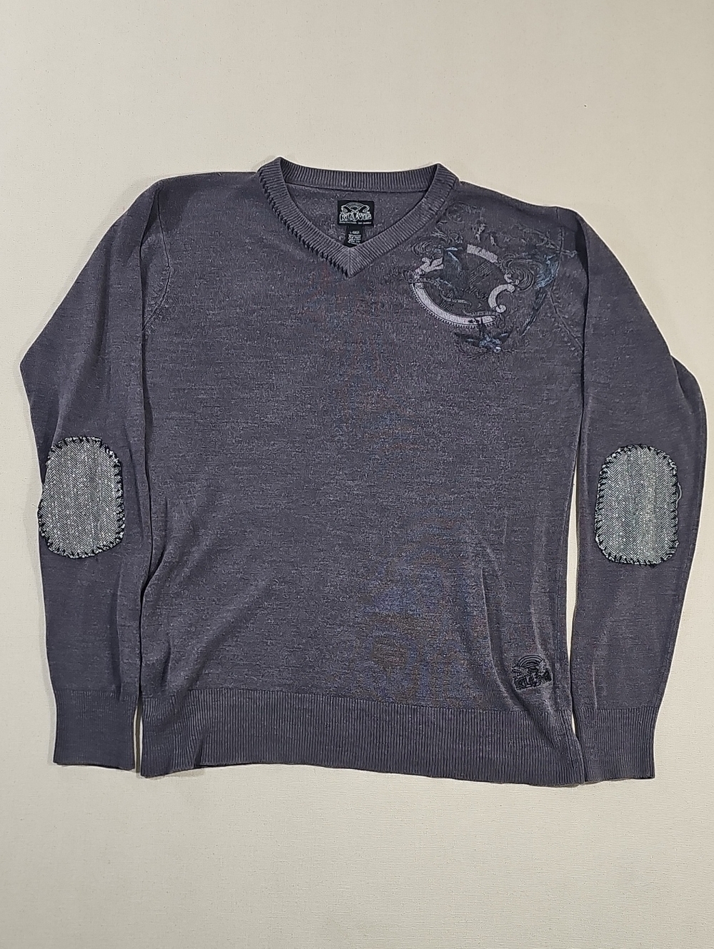 Men's V-Neck Sweater with Elbow Patches - Gray